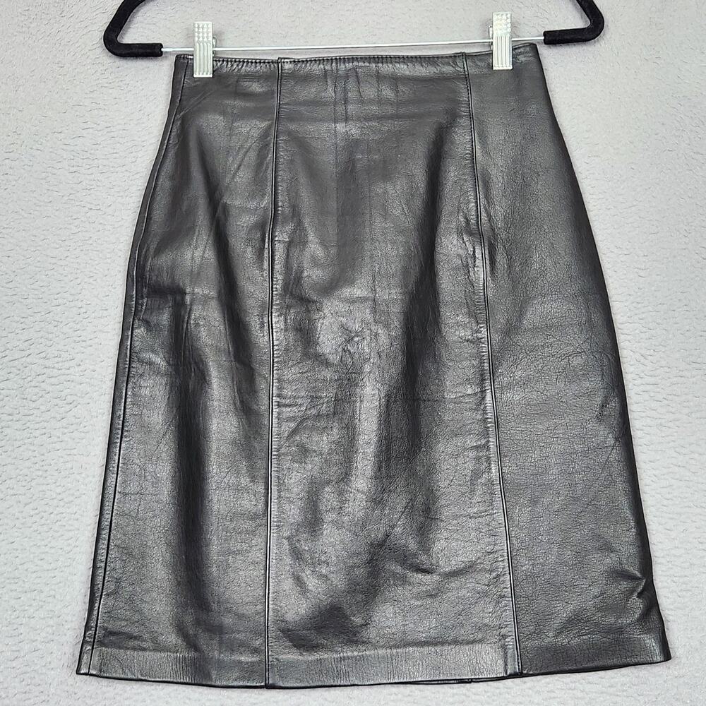 Vintage Interim Skirt Womens 7 Black Genuine Leather Knee Length Pencil Lined
